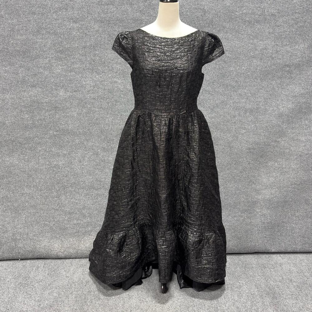 Mac Duggal Dress Womens 12 Black Jacquard Boat Neck Cap Sleeve Fit Flare Gown